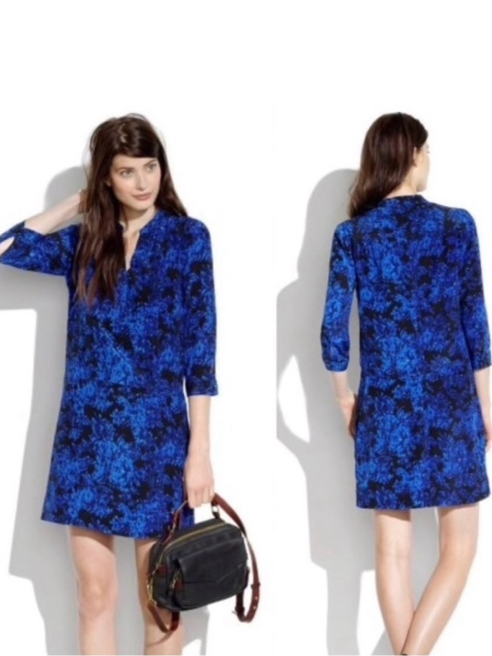 Madewell Director Blue Printed Silk Shift Dress Small